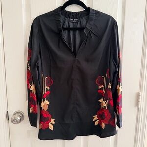 Lane Bryant Black Blouse with Red and Tan Floral Embroidery